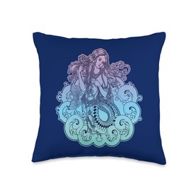Mermaid and Siren Fashion for Girls of Summer Mermaid Sea Waves Braids Vintage Hippie Boho Mermaidcore Throw Pillow, 16x16, Multicolor