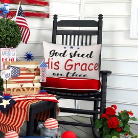 4th of July Patriotic Throw Pillow Cover, God Shed His Grace on Thee Pillow Case, 16 x 24 Inch Linen Double-Sided Lumbar Pillow Cover, Independence Memorial Day Cushion Case for Sofa Couch Decorate