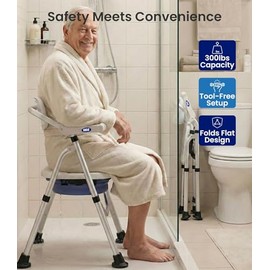 VOCIC Folding Shower Chair for Inside Shower, Lab-Tested 300lbs Heavy Duty Shower Seat for Elderly & Disabled, Flip-Up Arms, Cutout Seat, Height Adjustable Back & Legs, Portable Shower Commode Chair
