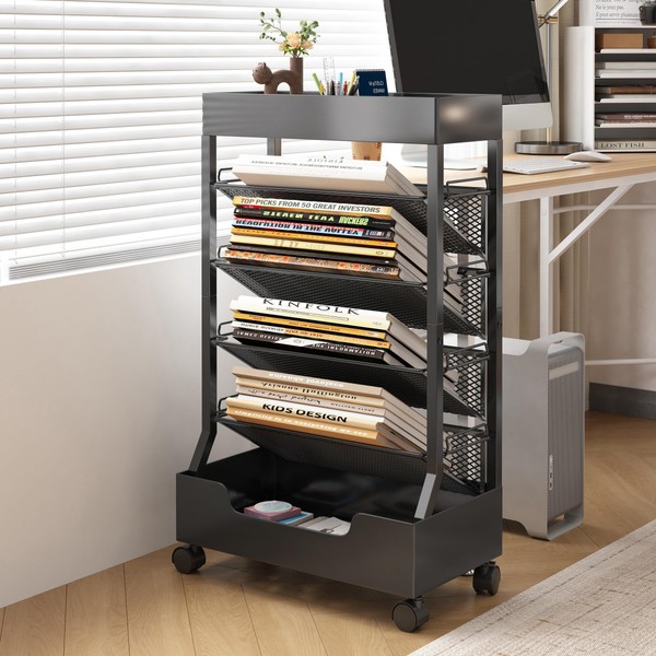 UMDONX Modern Mobile Book Cart Single-Sided Rolling Bookshelf with Metal