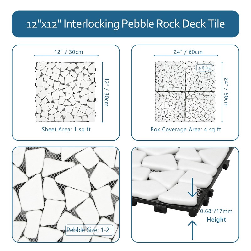 SUNWINGS 4PCS Natural Stone Interlocking Deck Tiles 12"x12" Pebble Waterproof