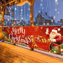 BlissYard Merry Christmas Banner 79x18 Inches Santa Sleigh and Reindeer Christmas Fence Banner Outdoor Holiday Backdrop for Yard Wall Christmas Door Decorations Large Winter Backdrop Outdoor Display