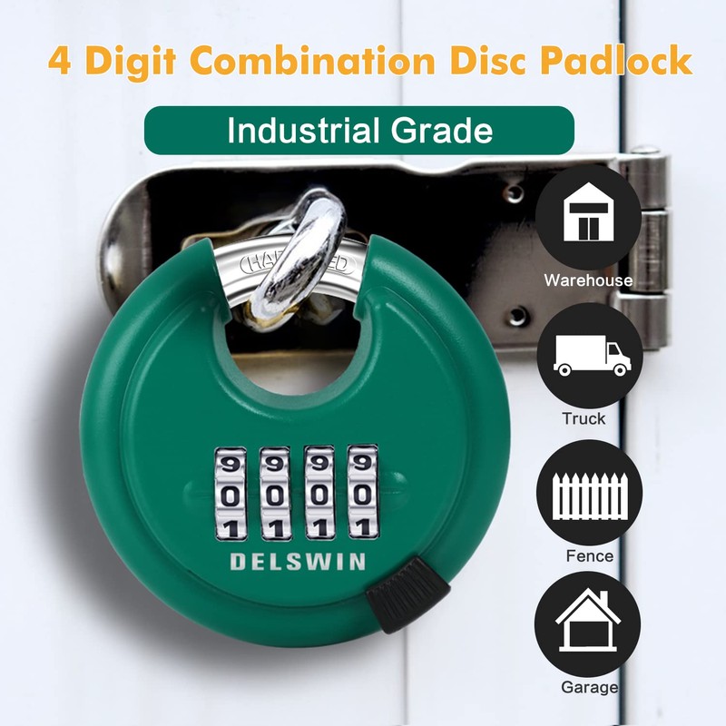 DELSWIN 4 Digit Combination Lock, Outdoor Combination Disc Padlock with