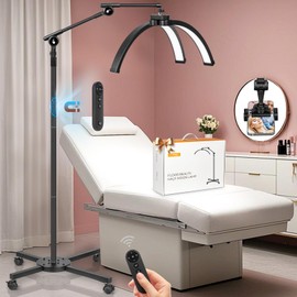 HITTI Half Moon Light for Eyelash Extensions Tattoo Artists, 2025 New Upgrad LED Lash Tech Light with 4 Wheel Rolling Base, Large Floor Eyelash Lamp 5 Color Modes Stepless Dimming & Phone Holder-Balck