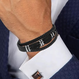 LOCCY Men's Leather Bracelet, Obsidian Leather Bracelet, Black Leather Bracelet, Braided Leather Bracelets with Magnetic Clasp for Men, Boys for Birthday, Father's Day, Christmas, 19 cm, Faux Leather