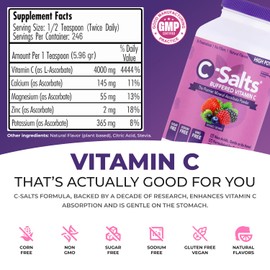 C-Salts Original Vitamin C Powder Supplement - 100% Pure High Dose Buffered Vitamin C Powder for Immune Support - Sugar-Free Powdered Drink Ascorbate, Organic, Stomach-Friendly, Mixed Berry 26oz