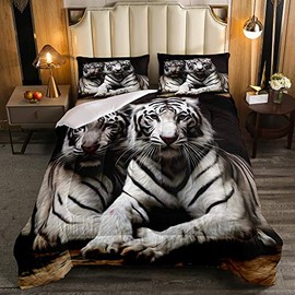 Erosebridal White Tiger Comforter Set King Size, 3D Animal Print Bedding Set for Kids Boys Girls Teens Adult, Gray Black Stripe Duvet Sets African Safari Animal Quilted Duvet Bedroom Decor