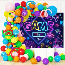 Mocsicka Game Night Backdrop Banner Neon Glow in The Dark Gaming Photo Background Game Night Kids Adults Birthday Party Decorations Photo Booth Props (7x5ft (82x60 inch))