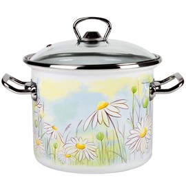 Daisy Fields Enamel Pot with Glass Lid Set of 3 pcs, Enamel Cooking Pots, Soup Pot, Enameled Steel Stockpot, Induction/Dishwasher Safe (Daisy Fields, 5.8 Qt)