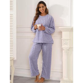 BAJAOEY Pajamas for Women Sets Soft Comfy Fluffy Pajama Fleece Pullover Ribbed Pjs Warm Plush Lounge Sleepwear 2 Piece,Purple,XL