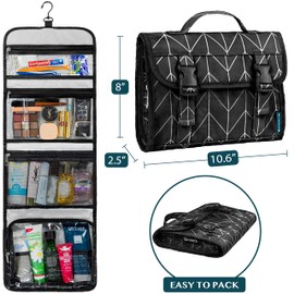 PAVILIA Travel Hanging Toiletry Bag for Women Men, Large Capacity Makeup Bag Kit, Waterproof Cosmetic Storage Organizer Case for Bathroom Shower, Black Chevron