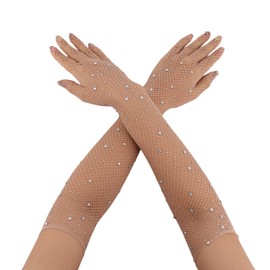 Rhinestone Long Fishnet Gloves, 17.7in Fishnet Arm Sleeves Elbow Length Mesh Rave Gloves Bling Arm Warmers Costume Accessories for Women Girls Evening Party Prom (Camel)
