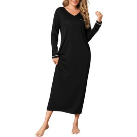 Leversic Women Long Sleeve Nighties Long Nightgown Front Chest Pocket V Neck Cotton Nightdress Home Nightwear for Lounge(Black,S)