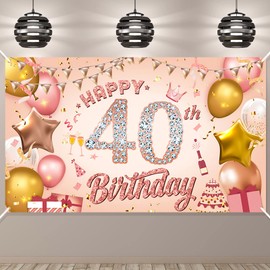 Pinenuts Happy 40th Birthday Banner Rose Gold Birthday Party Decorations Backdrop, Birthday Sign Poster Birthday Photo Background Fabric Banner for Girls Women, 110 x 180 cm( 40th)