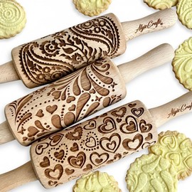 Set of 3 Mini Rolling Pins SCHÖNER TAG. Rolling Pin for Homemade Pastries Rolling Pin with Flowers Engraved Rolling Pin with Pattern Algis Crafts