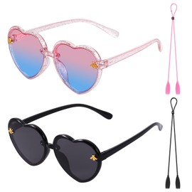 obmwang 2 PCS Kids Heart Shaped Sunglasses Cute Bee Glasses with Strap for Girls Boys Age 3-10 UV400 Protection Outdoor Beach