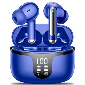 Wireless Earbuds Bluetooth 5.3 Headphones in Ear with 4 ENC Noise Cancelling Mic 2025 New Ear buds 42h Playtime HiFi Stereo Deep Bass Earphones IP6 Waterproof LED Display Bluetooth Earbuds USB-C Blue