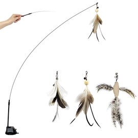 TTcat Cat Feather Wand Toys, Cat Toys with Suction Cup, Flexible Steel Wire and 3Pcs Cat Teaser Toy Refills with Bells.