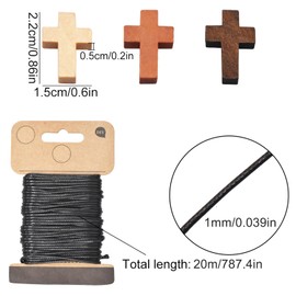 Saijer Wood Cross Pendants,150 PCS Natural Wood Cross with 1 Roll 20M Waxed Polyester Cord 3 Color Blessing Cross Charm Spacer Beads Mini Cross Beads for Party Sunday School DIY Craft Jewelry Making