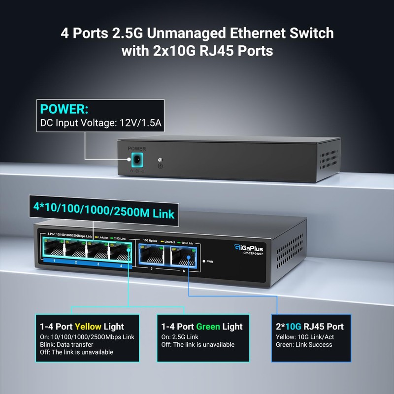 6 Ports 10Gb Unmanaged Ethernet Switch with 4*2.5G Base-T Ports,