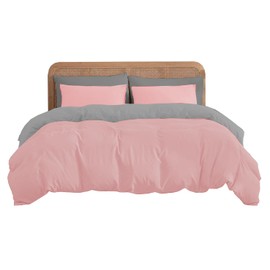 Ev Dekor Double Duvet Cover Sets – Reversible Brushed Microfiber Bedding- Plain Dye Quilt Cover with Pillowcase - Pink/Grey