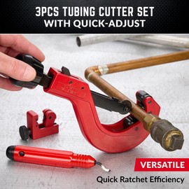 3Pcs Tubing Cutter Set with Fast Quick-Adjust - 1/4" to 2-1/2" Outside Diam. for Copper Pipe, PVC, Plastic, Aluminum with Extra Cutting Wheel, Deburring Tool, Mini Tubing Cutter Tool 1/8" to 7/8"