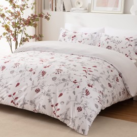 ACCOTIA Floral Duvet Cover Set Twin Size, Ultra Soft Breathable Microfibe Red Leaves Comforter Cover Bedding Set, 1 Duvet Cover 68"x90" with 1 Pillowcases 20"x26" for All Season (White, Twin)