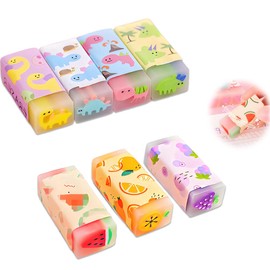ZBYMOTW Eraser, Eraser, Elementary School Students, Set of 7, Pencil Eraser Set, Erasable, Very Clean, Cute, Fun, Stationery, Learning, DIY, Painting, Patterns, Dinosaurs, Fruits, Design Design, Hundreds Fabric, Relaxing, Cosmetic Pouch
