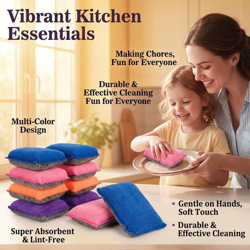 MAQIHAN 8 Pack Microfiber Sponge Kitchen - Dish Scrubber Sponge