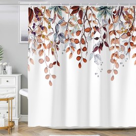 Emwnodti Autumn Leaves Botanical Shower Curtains, Thanksgiving Orange Eucalyptus Leaf Shower Curtain Set, Waterproof Cloth Fabric Bath Curtain Fall Bathroom Decor Accessories, 72 x 72 Inch