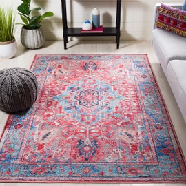 SAFAVIEH Washable Rug Serapi Collection - 8' x 10', Light Blue & Red, Slip Resistant & Easy to Clean, Ideal for Living Room, Bedroom, Dining Space (SEP518J)