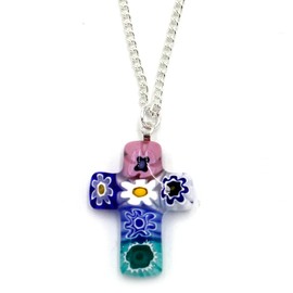 Style ARThouse God Loves the Daisies, Murano Glass Millefiori Cross Necklace, 18 Inch