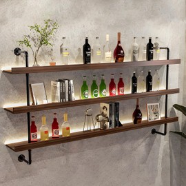 jvsufuik Large Solid Wood Wine Rack with Led Light, Bar Shelf Wall Mounted, 3-Tiers Floating Bar Shelves, Industrial Pipe Bar Shelf, for Home Bar, Dining Room & Kitchen (100cm/39.3in)