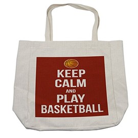 Lunarable Sports Shopping Bag, Keep Calm Play Basketball Words Phrase Pop Culture Poster Design, Eco-Friendly Reusable Bag for Groceries Beach and More, 15.5" X 14.5", Dark Orange White