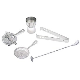 Kosma Set of 5 Stainless Steel Cocktail Set (Julep Strainer, Cocktail Mixing Spoon with Masher 30cm, 4 Prong Hawthorn Cocktail Strainer, Ice Tong 5.5", Peg Measure 30 x 60ml) | Bar Tool Set