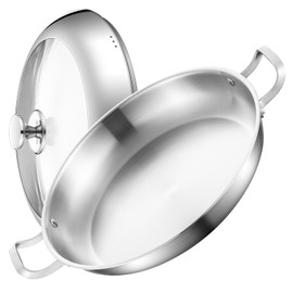 Yeksum Stainless Steel Paella Pan with Lid - 14.5" Tri-Ply 18/10 Deep Paella Pan for 12, PFOA-Free, Fast Heating & Oven Safe 550°F, All Stovetops & Outdoor Skillet