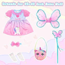 Baby Doll Clothes for 12-18 Inch Dolls, 6 Pcs Doll Clothes Outfit with Butterfly Wings Fairy Stick Headband Bag Socks for 30-45 cm New Doll Clothes Dress Girls Birthday Gift