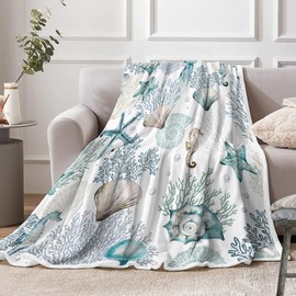 DZLGC Nautical Beach Throw Blanket, Summer Coastal Ocean Themed Blankets for Adults Kids Woman, Sea Starfish Seashell Coral Teal Throws Blankets for Couch Bed Room Sofa Decor,50X60IN