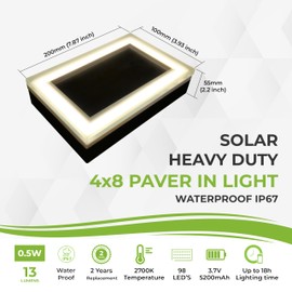 LUMENGY Solar Paver Light 4×8 inch, 2700K, Up to 18 Hours Continuous Lighting, Stainless Steel, Thick Glass, Glare-Free Illumination for Driveways, Pathways & Garden, Waterproof & Drive-Over Rated