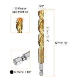 sourcing map 5pcs 1/4" Hex Shank Drill Bit 3/8" Gold Titanium M2 High Speed Steel Twist Drill Bit 135 Degree Split Point Tip Drilling Tool with Quick Change Hex Shank for Metal Wood Plastic