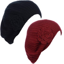 BYOS - Gorro de punto de ganchillo para mujer, 2-pack Red & Bk W/ Flower, Talla única