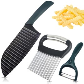 AITRAI Crinkle Cutter Knife, Stainless Steel Wave French Fry Slicer, Large Wavy Cutter Knife for Potatoes Veggies Salad Cucumbers Carrots Fruit Fries, Easy & Fast Crinkle Cuts, 2 Pack with Peeler