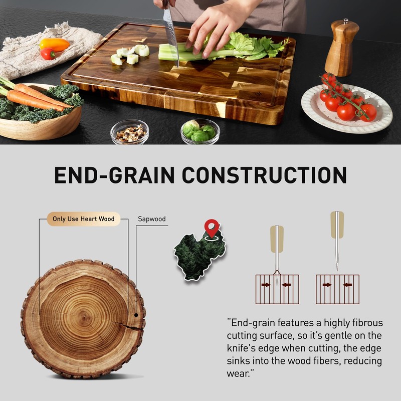 End Grain Cutting Board for Kitchen with Non-slip Feet, Acacia