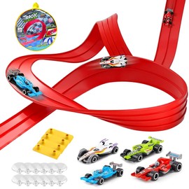 YANGUN 4m Car Track, Flexible Toy Car Track with 4 Cars and 12 Suckers, Roll Up Race Track, Attach to Windows Doors for Bumps Jumps Tunnels Loops, Gifts for Kids Toddlers