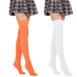 JTMKYO 2 Pairs Solid Color High Socks Cosplay Accessories Women Thermal Socks Knee High Socks Ladies Boot Socks High Knee High Cotton Socks Suitable for Boots and Uniforms (Orange, White), Orange,