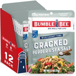 Bumble Bee Cracked Pepper & Sea Salt Seasoned Tuna, 2.5 oz Pouches (Pack of 12) - Ready to Eat - Wild Caught Tuna Packet - 15g Protein per Serving - Gluten Free