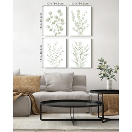 Drsoum Botanical Plant Framed Wall Art Boho Wall Decor for Bathroom Sage Green Eucalyptus Leaf Prints Minimalist Aesthetic Ready to Hang Set of 4, 12x16 in (Framed)
