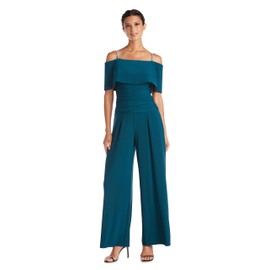 R&M Richards Elegant Off-the-Shoulder Ruched Bodice Jumpsuit W/Rhinestone Straps & Wide Legs