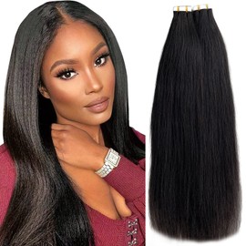 Light Yaki Straight Tape in Hair Extensions Human Hair Natural Black 100% Real Tape ins for Black Women Human Hair Double Sided Skin Weft Seamless Remy Human Hair Extensions 50g 20pcs 22 Inch #1B