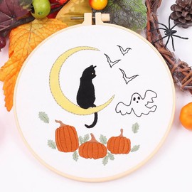 YEESAM ART Embroidery Starter Kit with Moon Cat Ghost and Pumpkin Patterns, Full Set DIY Embroidery Cross Stitch Kits for Adults Beginners Needlework Sewing